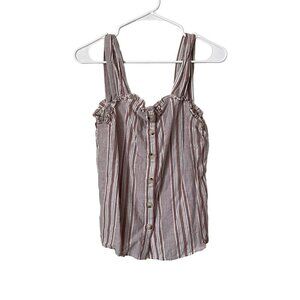 Eyeshadow Striped Button Front Tank Top S Pink White Women Cotton Ruffle